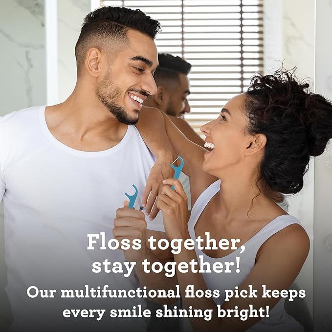 GuruNanda Quad Clean Floss Picks 4-in-1 with Tongue Scraper, Interdental Pik & Toothpick, Non-Shred Dyneema Thread, with Xylitol & Baking Soda, 300 ct