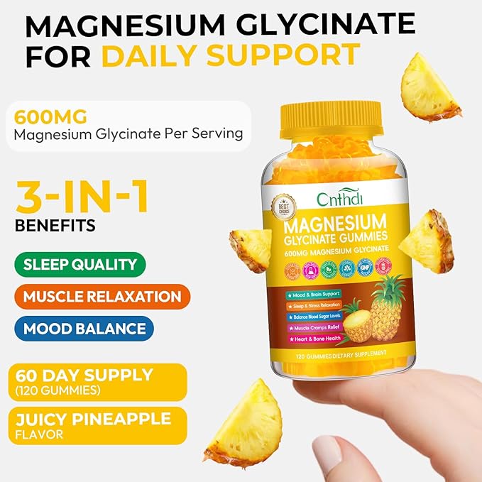 Magnesium Glycinate Gummies 600mg, Sugar Free Chewable Magnesium Gummies for Men & Women, Supports Evening Routine & Inner Balance, No Melatonin, Gluten Free, Non GMO, Vegan, 60 Days Supply