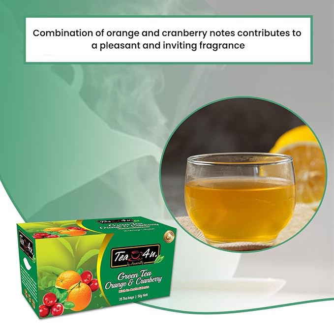 Tea4U Orange & Cranberry Flavor Green Tea - Hand Picked Leaves from Sri Lanka - Rich in Antioxidants - Smooth & Hydrating - Convenient Packaging of 25 Tea Bags