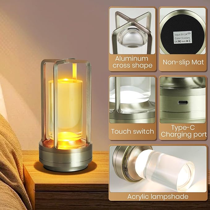 Crystal Table Lantern Light,Battery Operated Rechargeable Cordless Crystal Table Lamp with 3-Color,Portable Outdoor Small LED Desk Lamp for Indoor/Outdoor Patio Camping Bar Restaurant(Silver)
