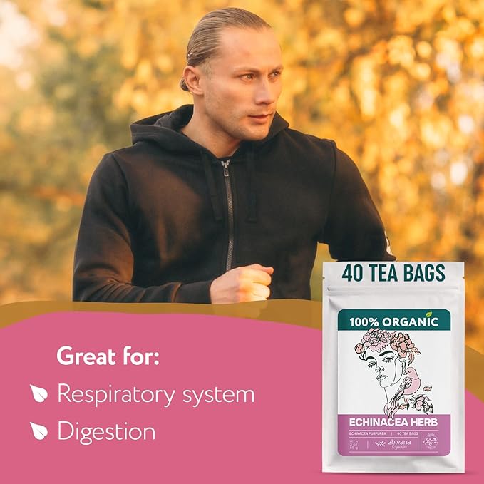 Echinacea Tea Organic (40 Tea Bags) - 100% Pure Natural Immunity Support - Equinacea Organica - Herbal Infusion - Caffeine-Free