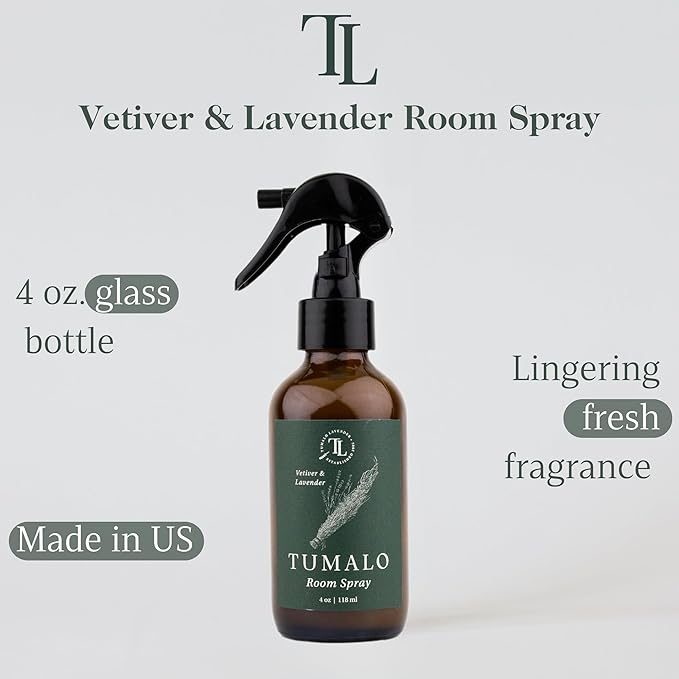 Room Spray - Sophisticated, All-Natural Home Fragrance, Pure Essential Oil Air Freshener & Odor Eliminator, Refreshing Scent - Made in the USA, Vetiver & Lavender, 4 oz Glass Bottle