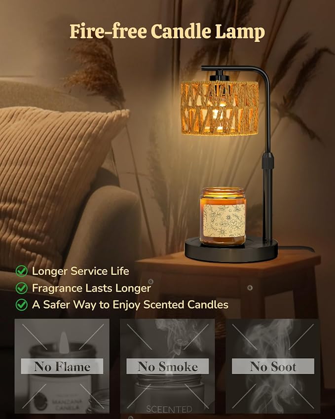 Candle Warmer Lamp, Timer Dimmable Wax Warmer, Adjustable Height and Brightness Candle Melt Lamp, Boho Rattan Lampshade and 2 Bulbs, Suitable for Home Decor, Birthday Gifts for Women Mom (Black)