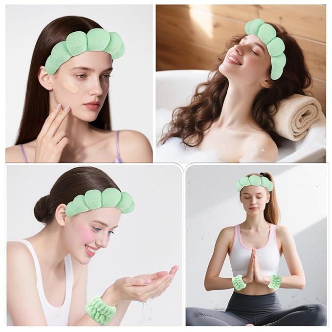Zkptops Spa Headband for Washing Face Wristband Set Sponge Makeup Skincare Terry Cloth Bubble Soft Get Ready Hairband for Women Girl Puffy Padded Headwear Non Slip Thick Hair Accessory(Light Green)