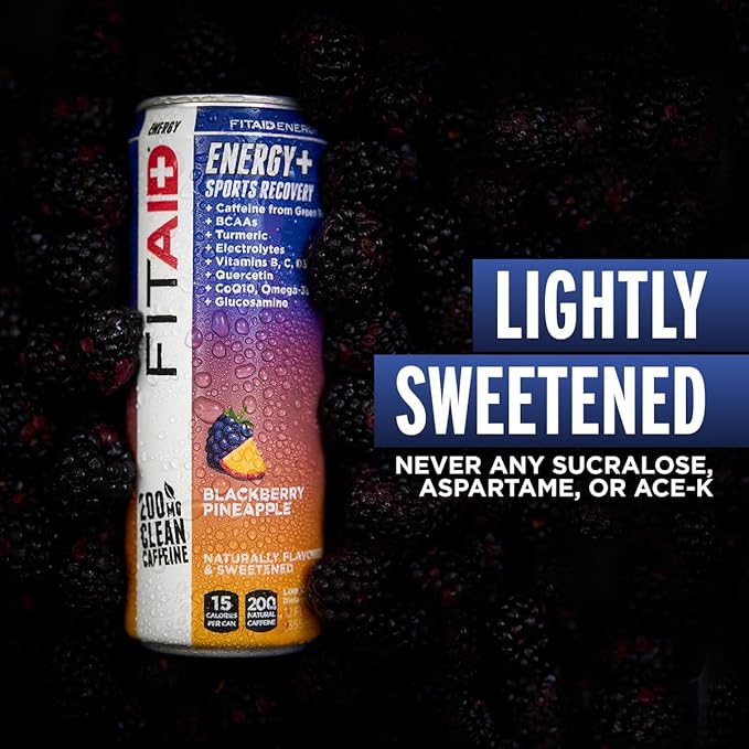 FITAID ENERGY, 200mg Natural Caffeine, Keto, Blackberry Pineapple, Optimum Performance Formula: BCAAs, Quercetin, Electrolytes, Omega-3s, 15 calories, Paleo, Vegan & Gluten-Free 12 Fl Oz (Pack of 24)