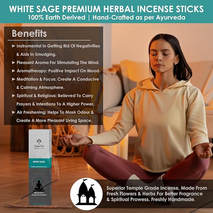 Simply Vedic White Sage Incense Sticks 250g (135 Sticks + Holder), Natural, Long Lasting, Aromatherapy, Meditation, Yoga, Spiritual Healing