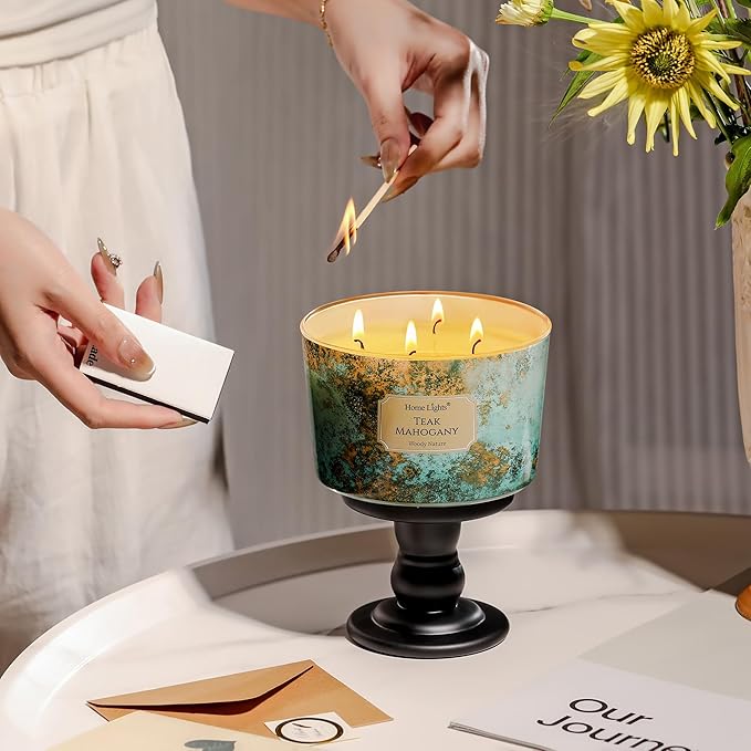 HomeLights Large jar Candle | 4-Wick Long-Lasting Scented Candles, 18oz Natural Soy Wax Candle for Home Scented, Industrial Chic Gifts for Women & Men, Teak Mahogany