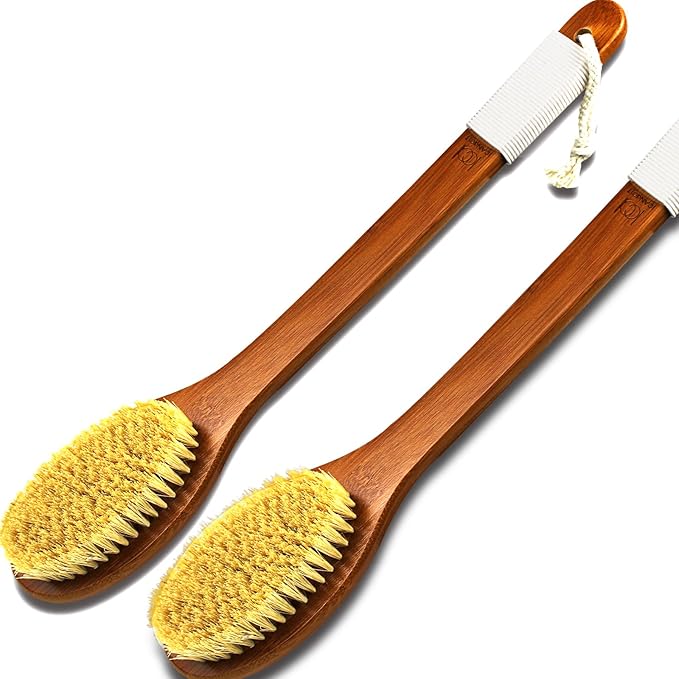 ICANdOIT-17.71Inch Natural Stiff Sisal Bristles Anti-Slip Long Handle Bath Brush,Bent Handle Shower Scrubber for Exfoliating,Shower Back Brush,Exfoliation Set with Pumice Stone(2 Pack)