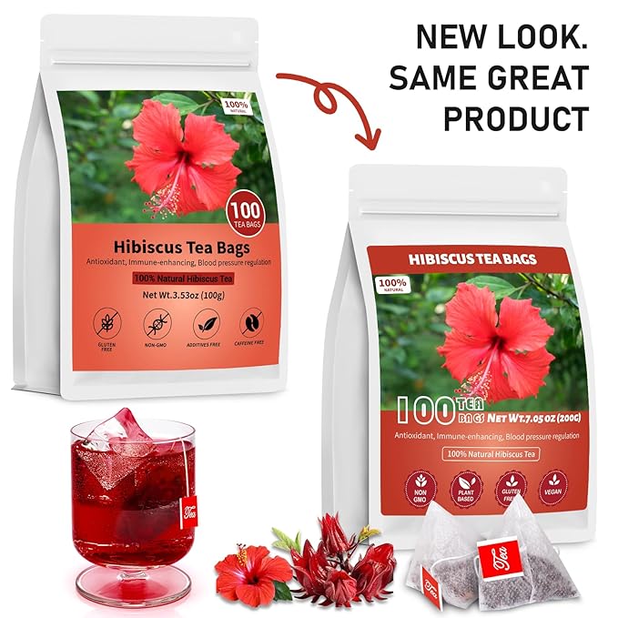 Hibiscus Tea Bags, 100% Natural Hibiscus Flowers Herbal High Blood Pressure Tea Bags, No Sugar/Gluten, Caffeine Free-100 Count (Pack of 1)