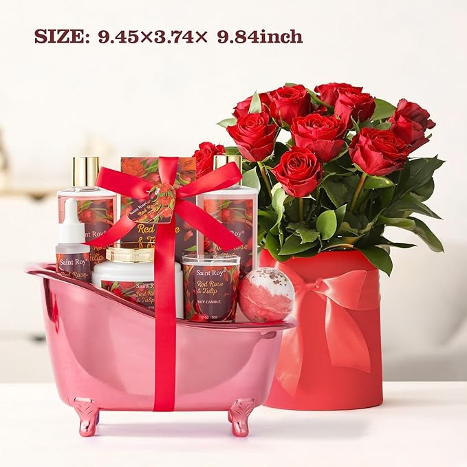Christmas Gifts for Women, spa kit Gifts for Her Mother's Day Bath Spa Gift Set Red Rose & Tulip Spa Basket Kits for Women, Contains Body Oil, Body Lotion, Salt, self care baskets Mother's Day Gift