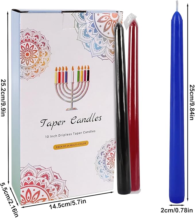 24 Colored Taper Candles, 7-8 Hours Burn Time, Unscented, Smokeless and Dripless, 0.75 x 10 Inch Dinner Candle Set for Household, Wedding, Party and Home Décor Candlesticks