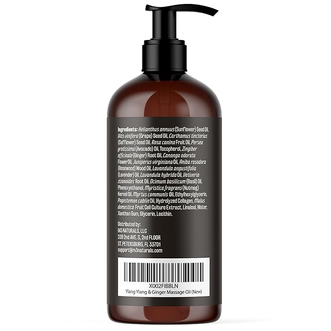 Ylang Ylang + Ginger Lymphatic Drainage Massage Oil – with Collagen & Stem Cells for Circulation, Detox & Cellulite Removal – Body Oil for Muscle Relief, Skin Firming & Relaxation – 8oz by M3 Naturals