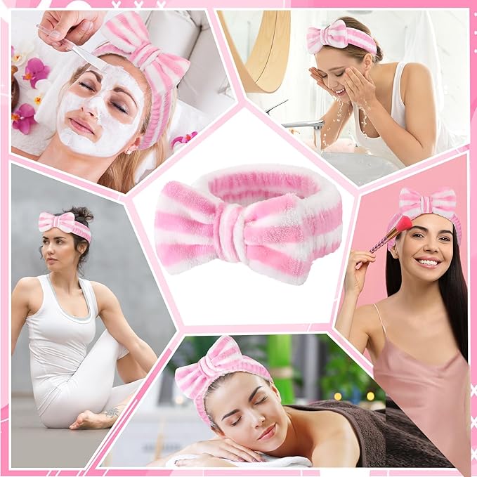 25 Pcs Spa Headband Bulk Makeup Headbands for Washing Face Cute Bow Hairbands Soft Coral Fleece Hairbands for Women Face Skin Care Makeup Spa Gift Shower Yoga (Stripe Pattern,Pink)