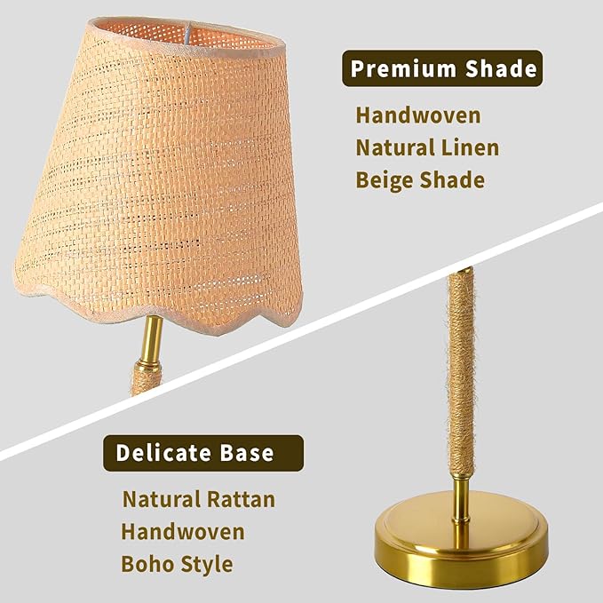 Boho Table Lamp for Bedroom, Touch Control Bedside Table Lamp with Brass Gold Base, Rattan Small Table Lamp for Small Space, Boho Lamp Rattan Lamp, Rustic Desk Lamp for Kitchen Counter, Nightstand