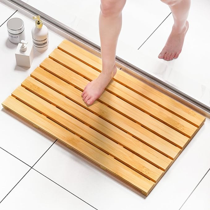 Domax Wooden Bamboo Bath Shower Mat- Non-Slip Waterproof Large Bathroom Floor Mat for Indoor Outdoor (Natural, 31.3 x 18.1 x 1.5 Inches)
