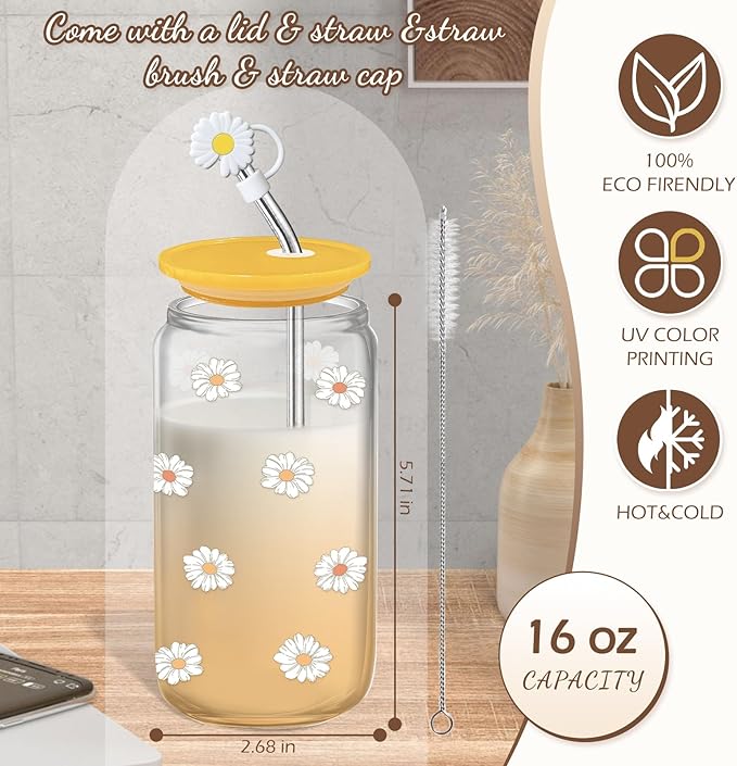 Birthday Gifts for Women, Teen Girls, Her, Unique Happy Birthday Gift Baskets for Best Friend Sister Daughter, Women Gifts Box for Girl Wife Girlfriends, 14pcs Cute Daisy Glass Cups Gift Set(Yellow)