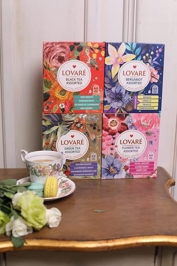 LOVARE Assorted Tea Variety Pack 32 Pack per Box - Made in Ukraine - Set of 4 Tea Bags Individually Wrapped 128 Pack - Bergamot Black, Floral, Black and Green Assorted Tea Bags Variety Pack