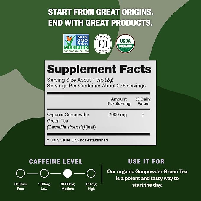 FGO Organic Gunpowder Green Tea, Loose Leaf, 16oz Bulk Resealable Bag, Packaging May Vary (Pack of 1)