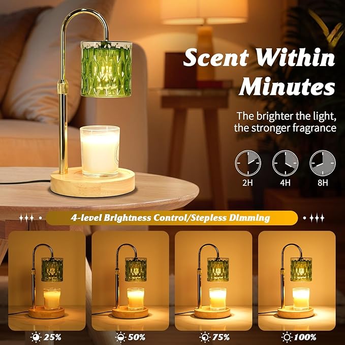 Candle Warmer Lamp with Timer and Dimmable, Electric Wax Melt Candle Warmers Height Adjustable with 2 Bulbs, Birthday Gifts for Women House Warming, Modern Home Decor for Scented Jar Candles(Green)