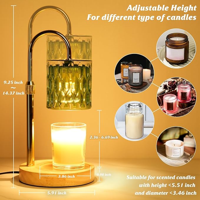 Candle Warmer Lamp with Timer and Dimmable, Electric Wax Melt Candle Warmers Height Adjustable with 2 Bulbs, Birthday Gifts for Women House Warming, Modern Home Decor for Scented Jar Candles(Green)