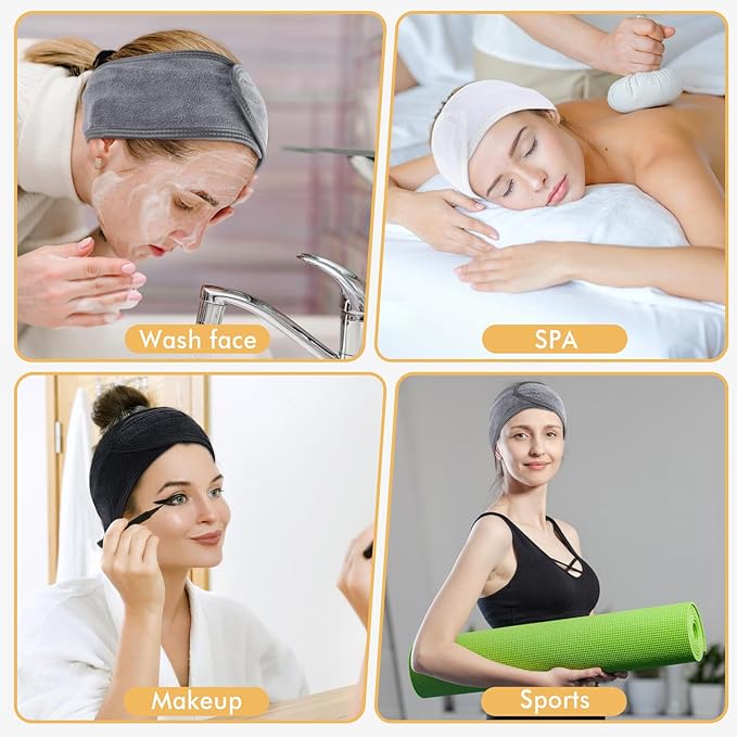 SINLAND Spa Headband for Women 6 Counts Ultra Soft Adjustable Makeup Hair Band with Magic Tape, Stretch Head Wrap for Bath, Shower, Facial Mask, Yoga