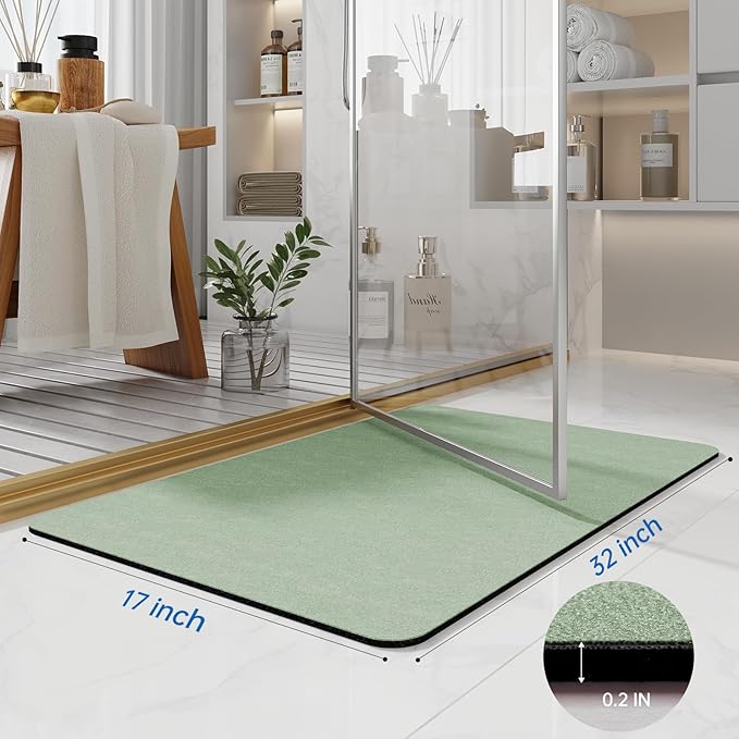 Bath Mat Rugs 32x17 - Diatomaceous Earth Bath Mats Quick Dry Absorbing Bathroom Rugs Rubber Non Slip Thin Bathroom Mat Fit Under Door, Bath Mat for Bathroom Floor, Tub and Shower, Sink, Sage Green