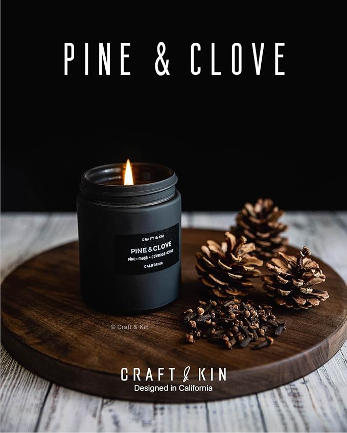 Craft & Kin Premium Pine & Clove Candle | Black Fall Scented Candles for Home | Long Lasting with 45 Hour Burn Time, 7.6oz | Made with Fall Soy Candles | Aromatherapy at Home | Gifts for Men