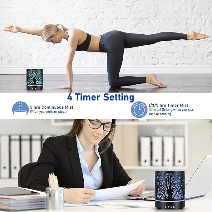 Essential Oil Diffuser Aromatherapy Diffuser -300ml Metal Electric Ultrasonic Cool Mist Oil Diffuser for Large Room with Waterless Auto Shut-Off, 4 Timer Setting &7 Colors Night Light for Home Office