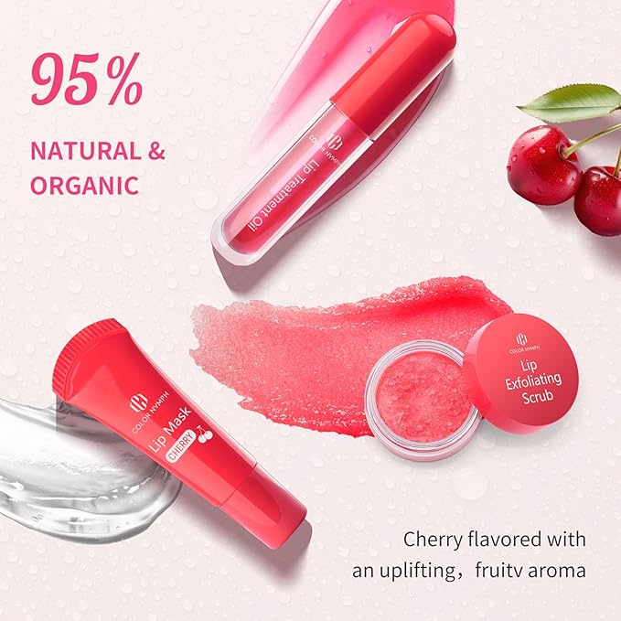 Color Nymph Lip Care Trio - Lip Scrub, Overnight Lip Mask & Lip Treatment Oil, Intense Hydration Lip Set for Dry Chapped Cracked Lips, Exfoliate & Moisturize - 3 Piece Gift Set - Cherry