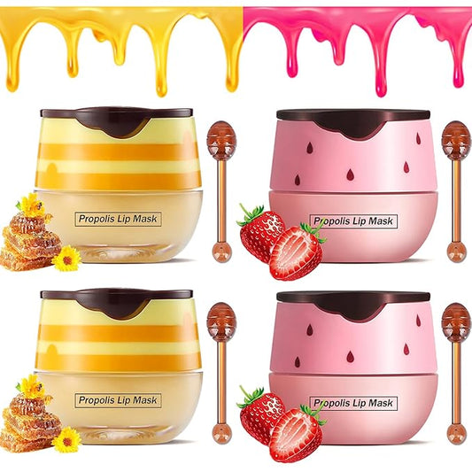 Charm Kiss,4PCS Bee Balm Lip Balm Honey Pot & Strawberry Sleeping Lip Mask,Hydrating & Prevention Dry,Winter Lip Care Products,2PCS Honey POT & 2 PCS Strawberry Pot,30 items,4.0 Count