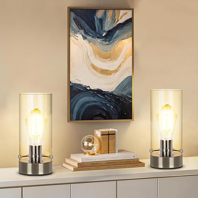 Bedside Nightstand Lampfor Bedroom Living Room, Modern Table Lamp Desk Lamp with Glass Lamp Shape, 2700K 6W Glass Bulb Included(Bronze).