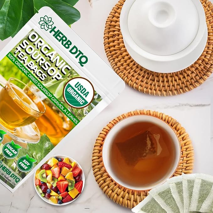 HERB DTQ - Organic Soursop Leaf Tea Bags - USDA Certified, 100% ORGANIC and Pure from Soursop Leaves, Non-GMO, Sugar/Caffeine/Gluten Free, Eco-Conscious Corn Fiber Tea Bags. Organic Graviola Tea - Hojas De Guanabana Tea (50 teabag)