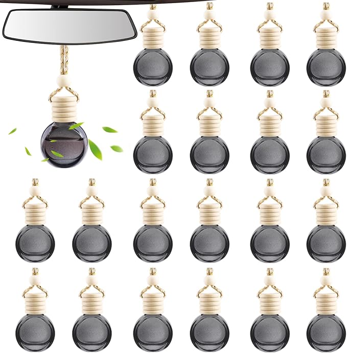 ConStore 20 Pack Black Hanging Car Air Freshener Bottle Empty Car Essential Oil Diffuser Bottles Pendant Black Glass Perfume Bottles Aromatherapy Fragrance Bottle Auto Ornaments Decor (oblate)