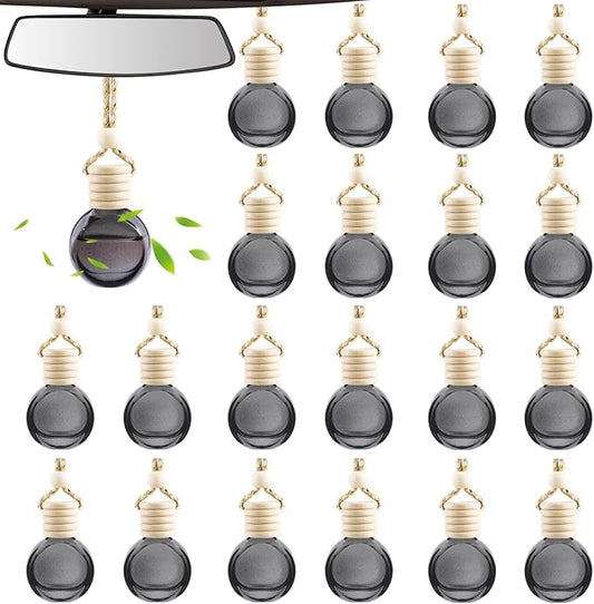 ConStore 20 Pack Black Hanging Car Air Freshener Bottle Empty Car Essential Oil Diffuser Bottles Pendant Black Glass Perfume Bottles Aromatherapy Fragrance Bottle Auto Ornaments Decor (oblate)