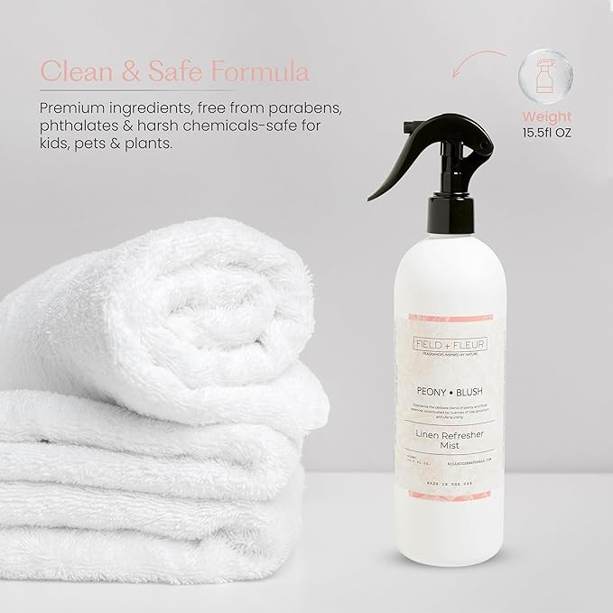 FIELD FLEUR Peony Blush Linen & Room Spray 15.5 oz - Aromatic & Refreshing Bedding & Fabric Mist - Air Freshener for Clothes & Sofas - Notes of Peony, Geranium & Ylang-Ylang - Made in USA