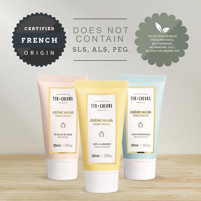 Fer à Cheval Moisturizing Scented Hand Cream Set, Creamy Hand Cream Travel Size Lotion Organic Shea Butter Hand Lotion | Pack of 3 (Honey & Almond, Rose Petals, Aqua Tangerine) 30ml/ 1.01 fl oz
