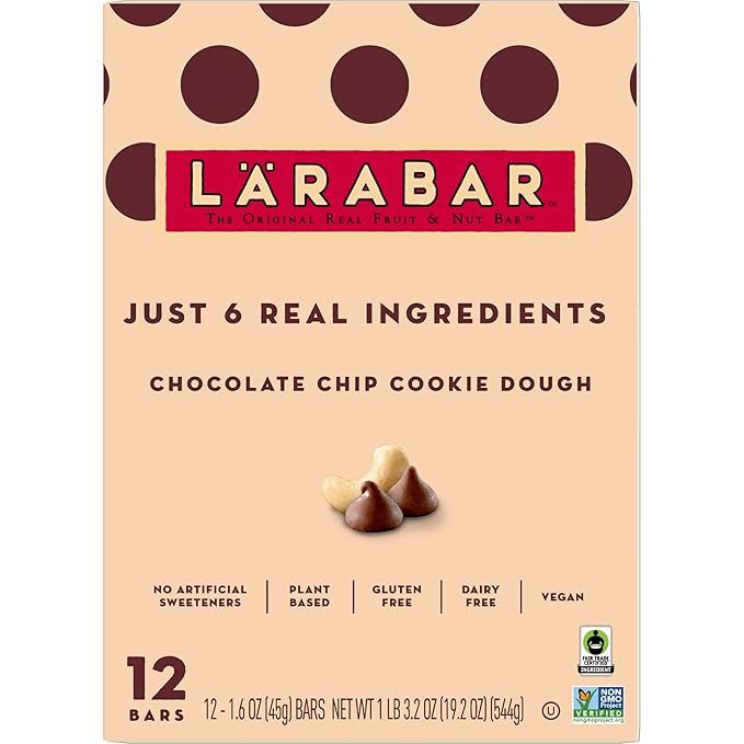 Larabar Chocolate Chip Cookie Dough, Fruit and Nut Bars, Gluten Free and Vegan, 19.2 oz, 12 Ct