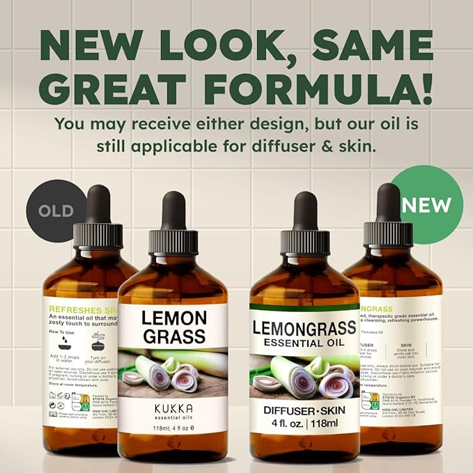KUKKA Lemongrass Essential Oils - 4 Fl Oz - for Hair, Skin, Diffuser, Aromatherapy & DIY Soap Making Scent
