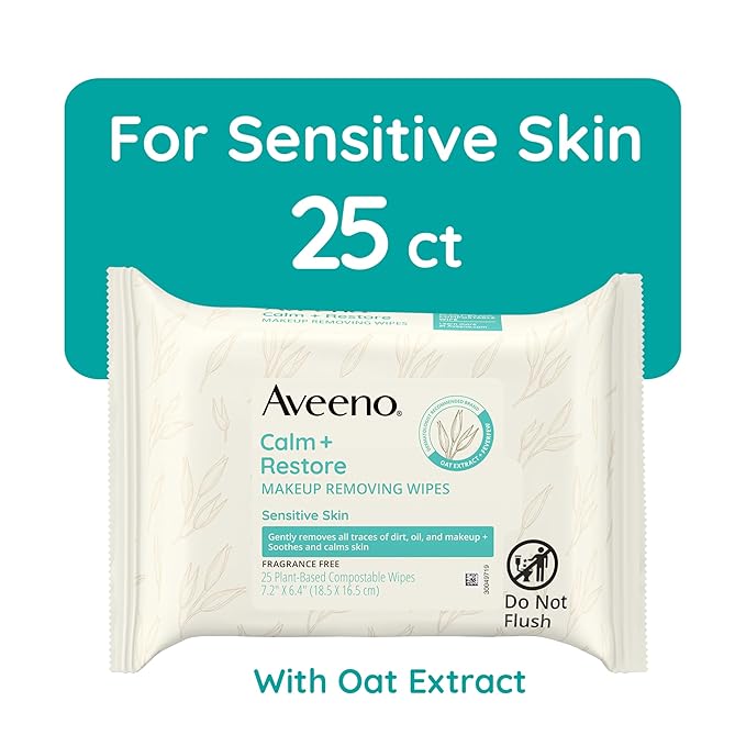 Aveeno Sensitive Skin Essentials Gift Set with Daily Moisturizing Lotion, Daily Moisturizing Body Wash, Calm + Restore Makeup Removing Wipes, & Skin Relief Repairing Hand Mask, 4 items