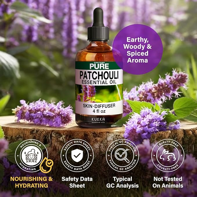 KUKKA Patchouli Essential Oils - 4 Fl Oz - for Hair, Skin, Diffuser, Aromatherapy & DIY Soap Making Scent