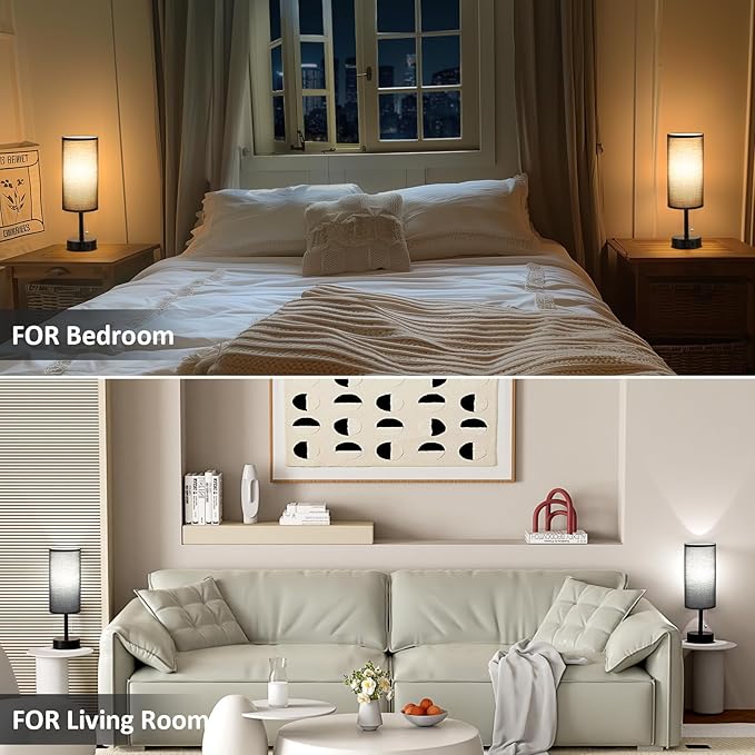 Fenmzee Black Bedside Table Lamps Set of 2-3 Color Temperatures Pull Chain Lamp with AC Outlet Charging Port, Round Night Stand Lamps for Bedroom Office, Small Bed Side Light with E26 LED Bulbs