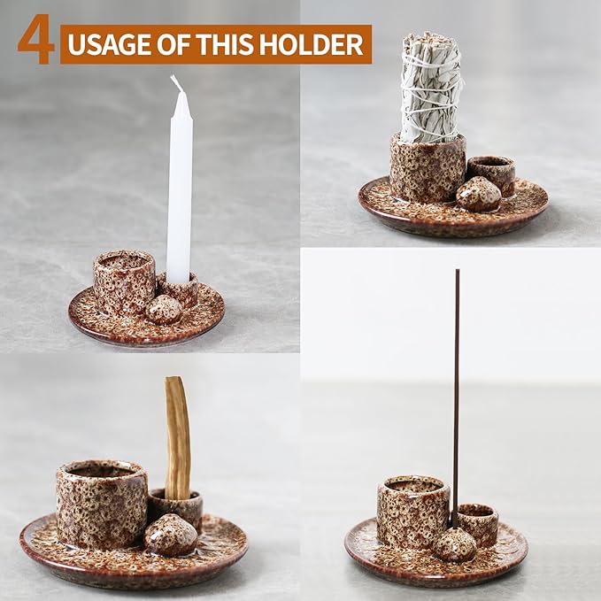 Palo Santo Sticks Holder, Multi-Purpose Handmade Ceramic Incense Burner for Palo Santo Incense Sticks, Sage Holder for Burning, Ash Catcher Tray for Meditation Yoga Room-Brown White