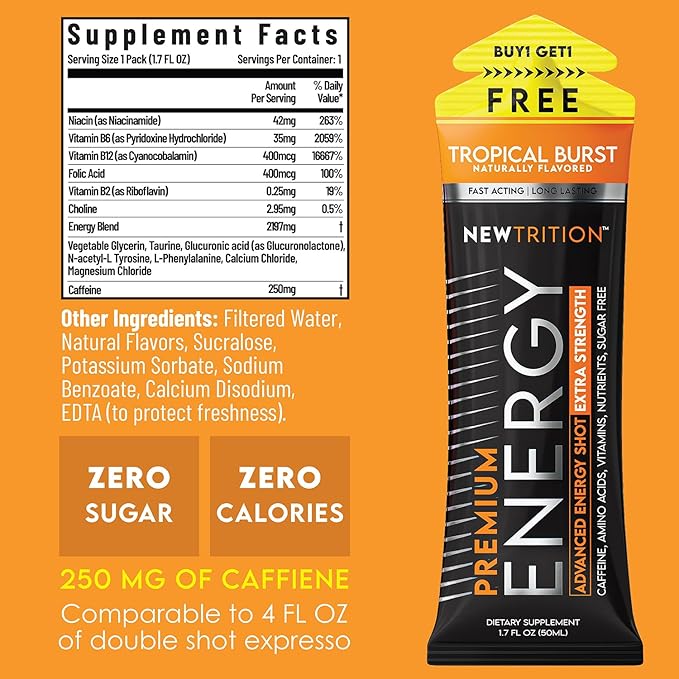 NewTrition® Extra Strength Energy Shots, 250mg Caffeine Shots with Vitamin B & Amino Acids, Sugar-Free Vitamin Energy Shot, 1.7 fl oz (Pack of 24, Tropical Burst)