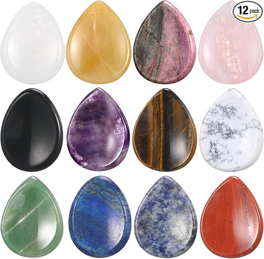 BBTO 12 Pieces Worry Stones for Anxiety Thumb Small Multicolor Pocket Palm Stone Obsidian Crystal Worry Stones for Anxiety Stress Relief(Waterdrop Style)