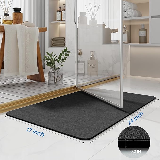 Diatomaceous Earth Bath Mat - 24x17, Quick Dry Absorbing Rubber Non Slip Thin Bathroom Rug, Fit Under Door, For Bathroom Floor, Tub, Shower, Sink, Dark Grey