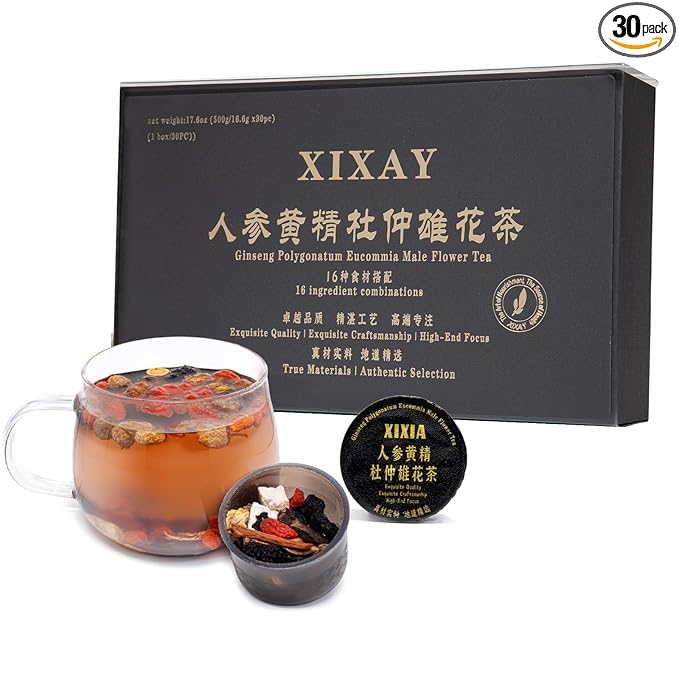 Ginseng Polygonatum Eucommia Male Flower Tea, 16 Ingredients Organic Natural Formula Kidney Tea, 500g/Box Ginseng Six Treasure Aid Root Kidney Men's Herbal Tea (30 cans/1Box)
