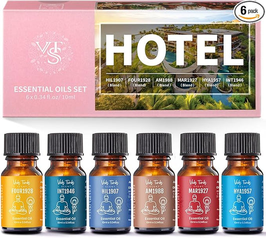Hotel Scent Essential Oils Set, VEDA TINDA SCENT Luxury Hotel Diffuser Oil, Aromatherapy Gift Hotel Inspired Fragrance Oil Blends (6 x 10 ML) for Waterless Diffusers, Soap & Candle Making Scents