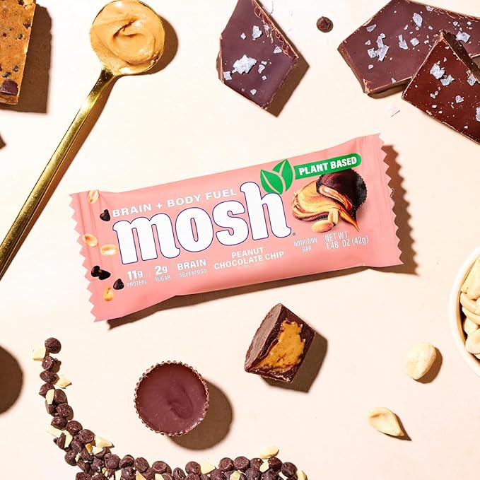 MOSH Peanut Chocolate Chip Vegan Protein Bars, Plant Based, Keto, Gluten Free, Brain Healthy Snack with Cognizin, Ashwagandha and Lion's Mane, 12 Count