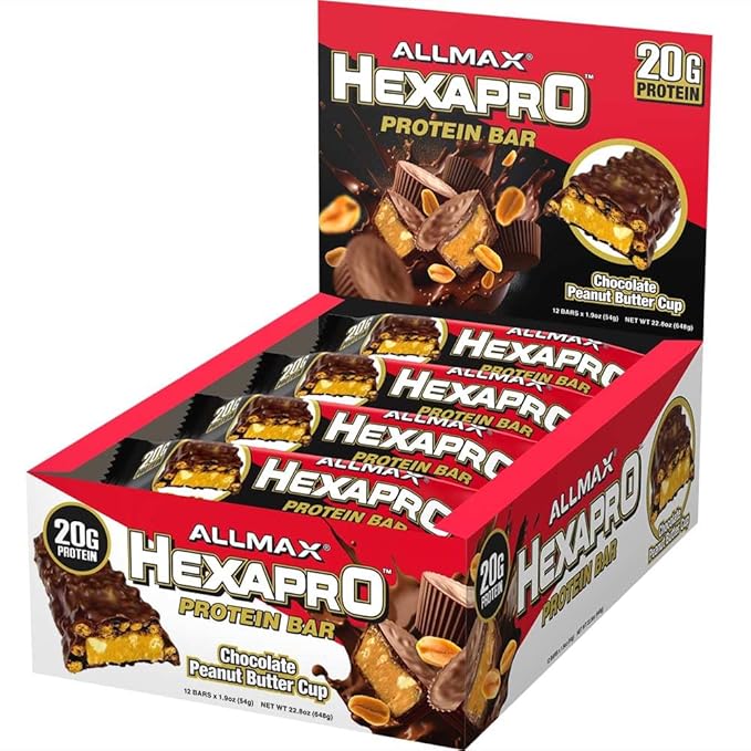 ALLMAX HEXAPRO PROTEIN BAR, Chocolate Peanut Butter Cup - Pack of 12 - High-Protein Energy Snack - 20 g of Protein Per Bar - With Whey Protein Isolate