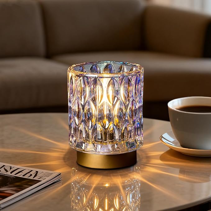 Battery Operated Table Lamps Timer, Mini Crystal Lamp for Area No Plug, Cordless Lamp with LED Bulb for Power Outage, Decorative Lamps for Tabletop/Corner/Entryway/Stairway/Bathroom/Fireplace (PEARL)